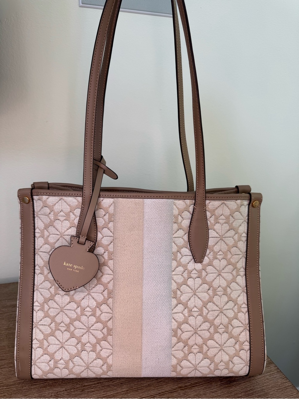 kate spade Beige and Tan Floral Jacquard Tote with Heart Charm